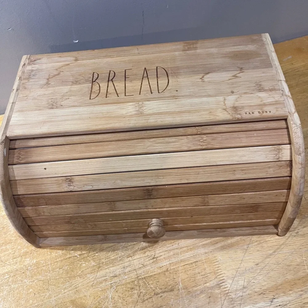 Rae Dunn Wood Bread Box Roll Top Farmhouse Kitchen Storage Natural Wood BREAD